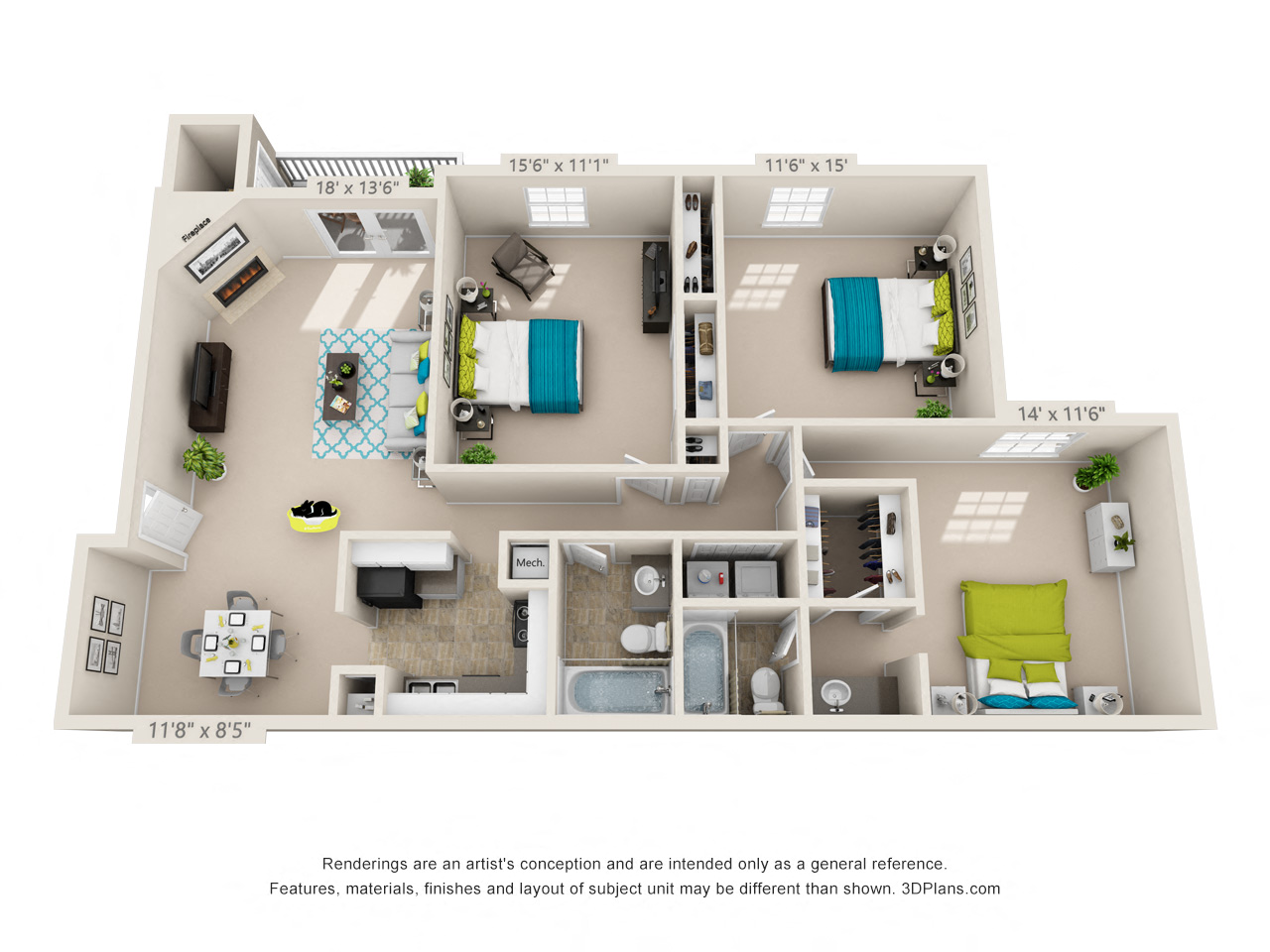 Floor plan for 3 beds, 2 baths, 1296 sqft